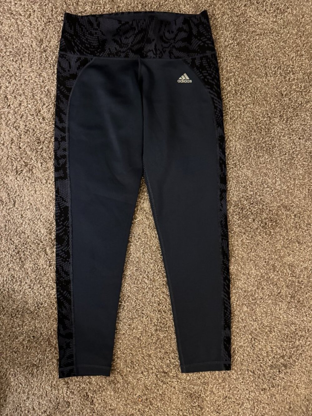 adidas Climalite Navy Blue Athletic Leggings with Patterned Side Panels